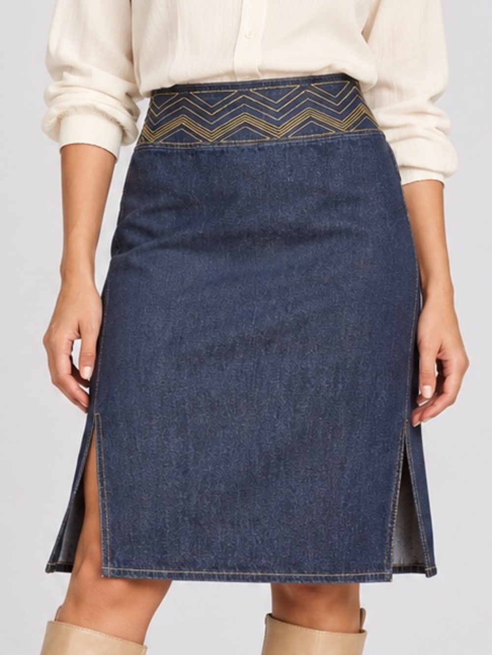 Vintage Y2K Liz Claiborne Lizwear Jeans Denim Skirt Gold Chevron Waistband 2P